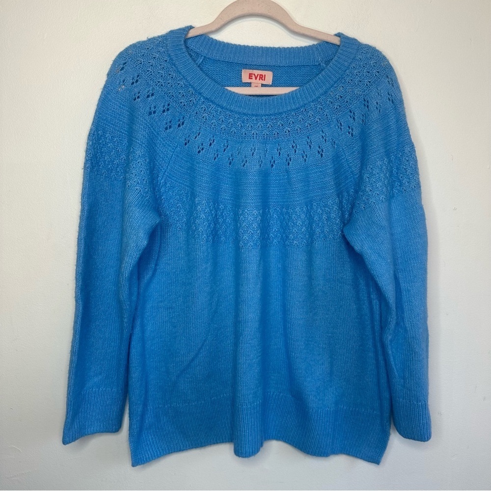 Evri Crew Neck Pointelle Sweater Womens Plus Sz 1X Gentana Blue Long Sleeve